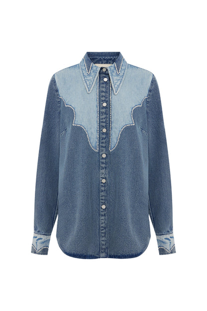 ALEMAIS Jesse Denim Applique Top Blue - Tops available at Hiptique in Woodland Hills