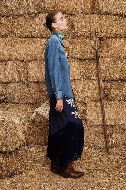 ALEMAIS Jesse Denim Applique Top Blue - Tops available at Hiptique in Woodland Hills