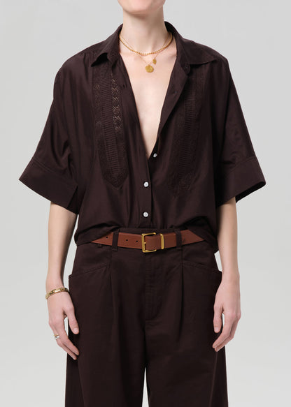 Citizens of Humanity Claire Shirt with Lace Inset Chocolate Dark Brown - shirt available at Hiptique boutique in Woodland Hills California