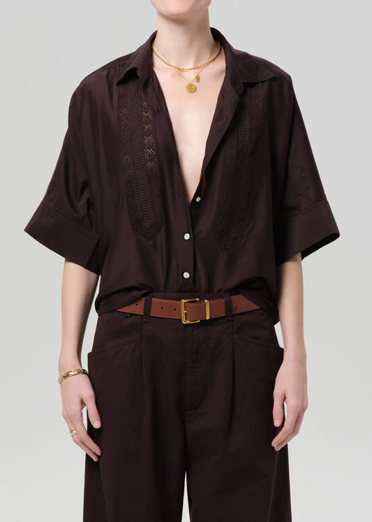 Citizens of Humanity Claire Shirt with Lace Inset Chocolate Dark Brown - shirt available at Hiptique boutique in Woodland Hills California