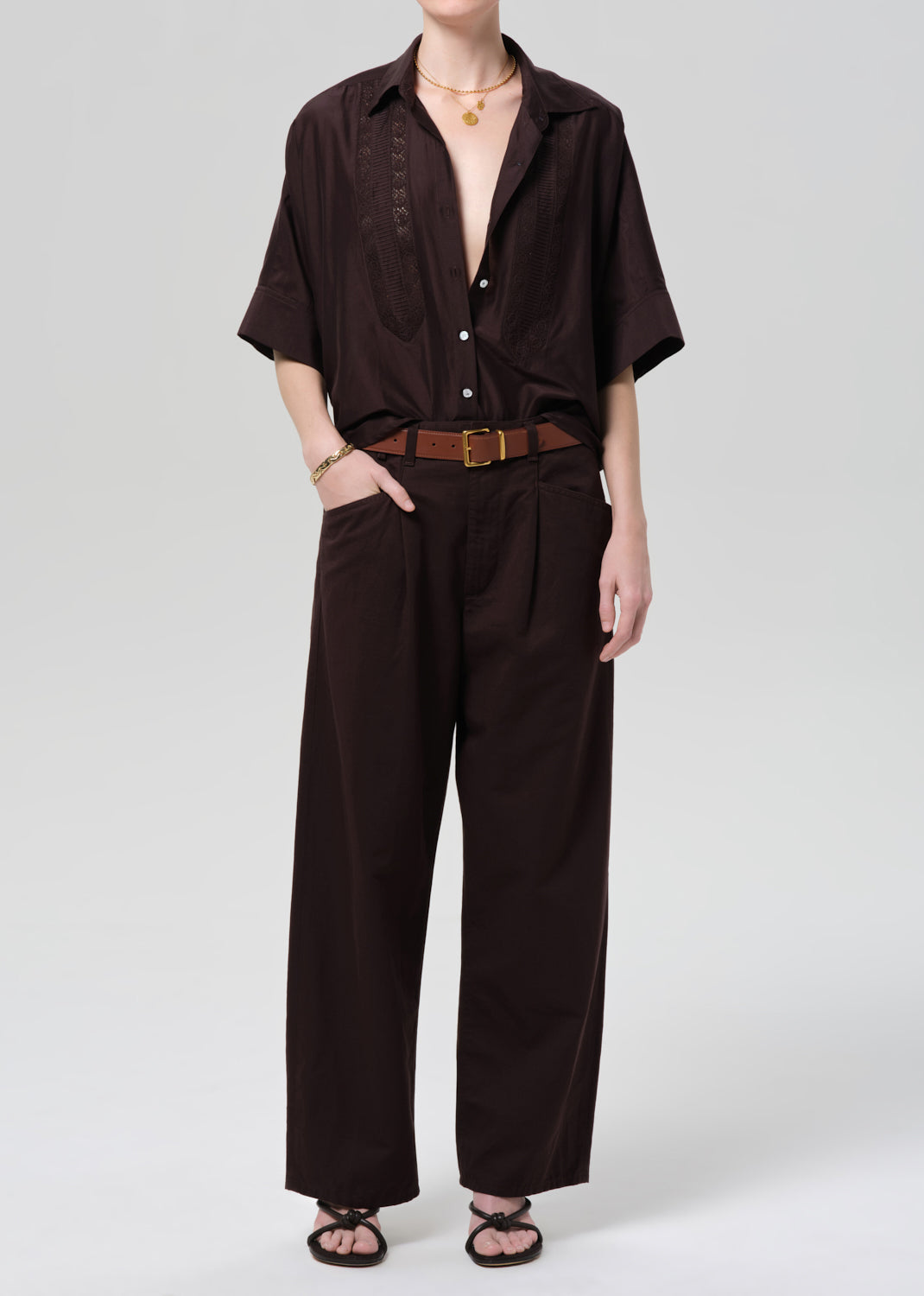 Citizens of Humanity Claire Shirt with Lace Inset Chocolate Dark Brown - shirt available at Hiptique boutique in Woodland Hills California