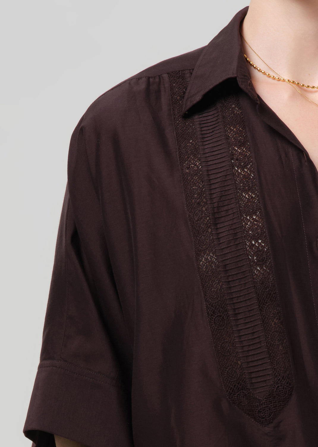 Citizens of Humanity Claire Shirt with Lace Inset Chocolate Dark Brown - shirt available at Hiptique boutique in Woodland Hills California