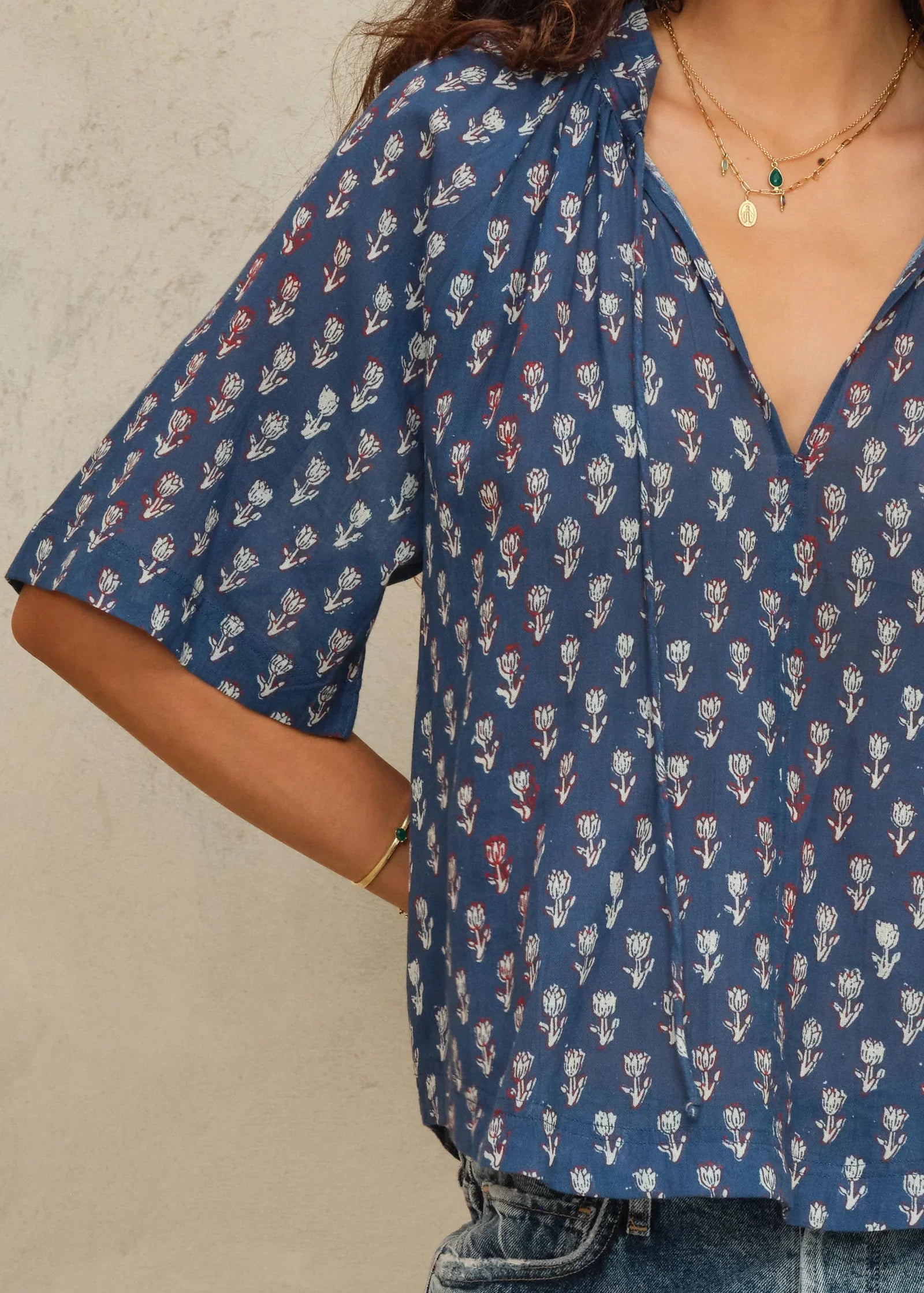 M.A.B.E Ari Print Gathered Top Indigo - top available at Hiptique boutique in Woodland Hills California
