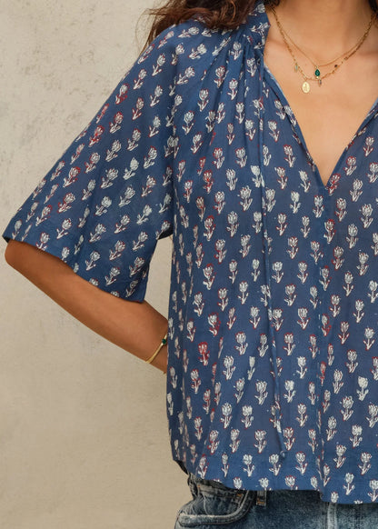 M.A.B.E Ari Print Gathered Top Indigo - top available at Hiptique boutique in Woodland Hills California