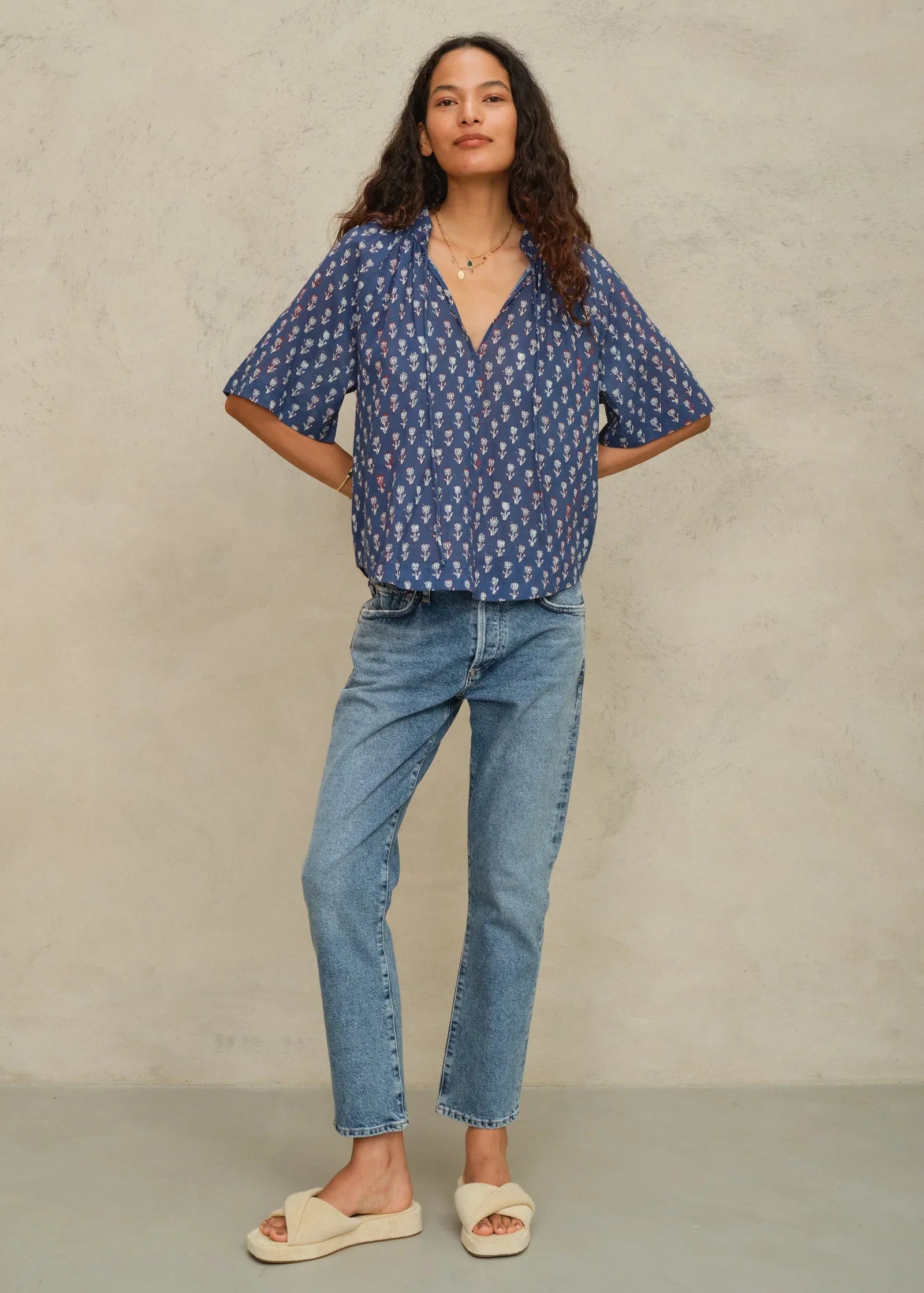 M.A.B.E Ari Print Gathered Top Indigo - top available at Hiptique boutique in Woodland Hills California
