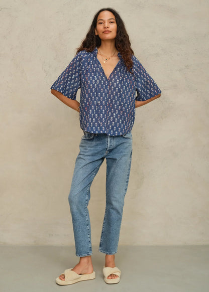 M.A.B.E Ari Print Gathered Top Indigo - top available at Hiptique boutique in Woodland Hills California
