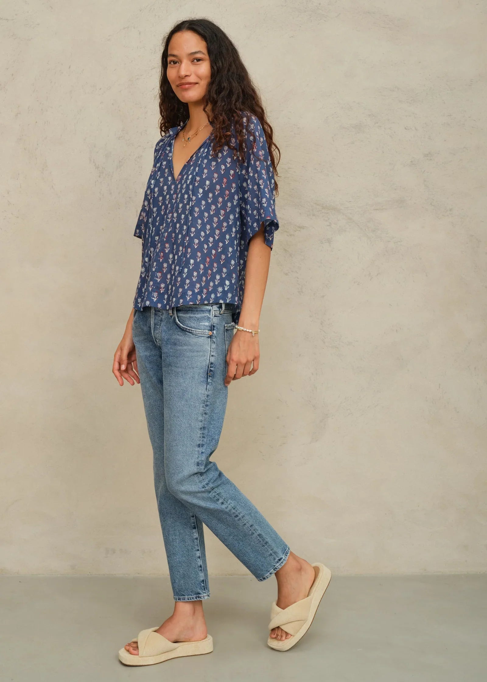 M.A.B.E Ari Print Gathered Top Indigo - top available at Hiptique boutique in Woodland Hills California