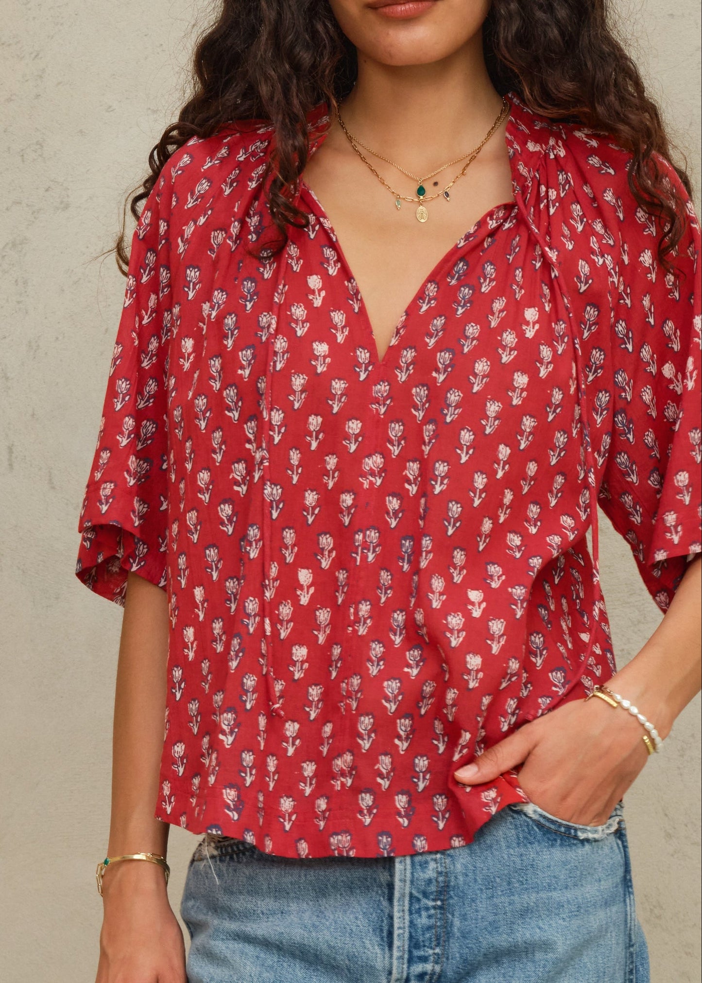 MABE Ari Print Gathered Top Red - lifestyle available at Hiptique boutique in Woodland Hills California