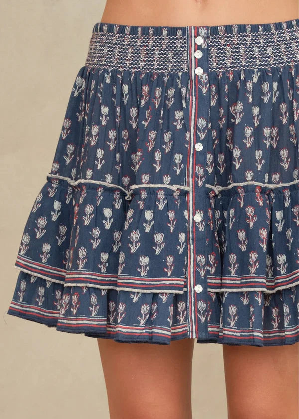 M.A.B.E Ari Print Mini Skirt Indigo - skirt available at Hiptique boutique in Woodland Hills California
