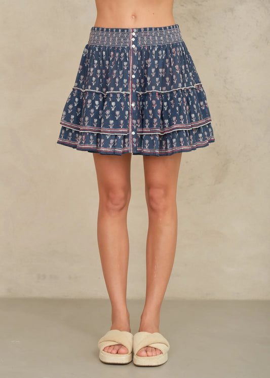 M.A.B.E Ari Print Mini Skirt Indigo - skirt available at Hiptique boutique in Woodland Hills California