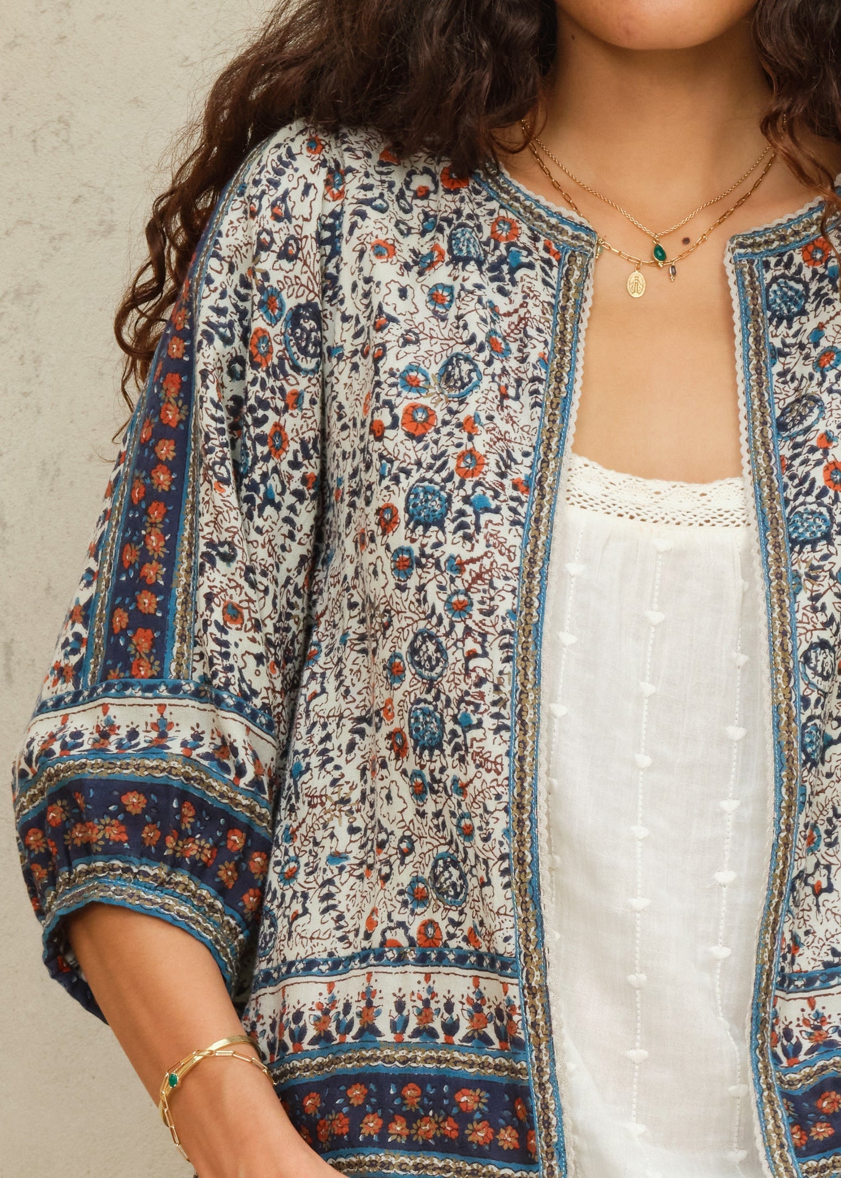 MABE Cass Print Jacket Indigo Rust - lifestyle available at Hiptique boutique in Woodland Hills California