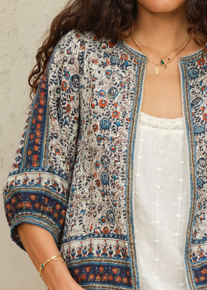 MABE Cass Print Jacket Indigo Rust - lifestyle available at Hiptique boutique in Woodland Hills California