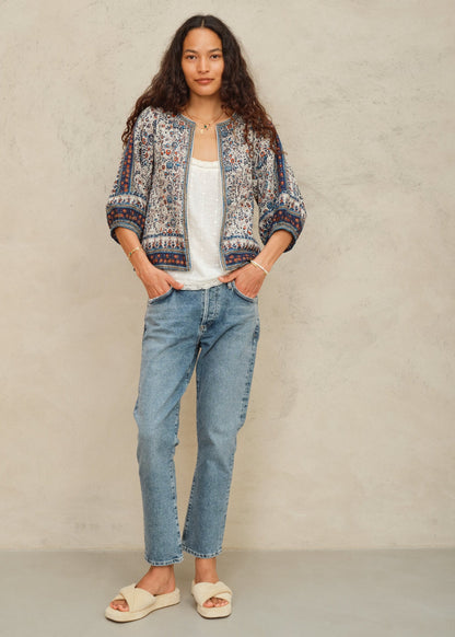 MABE Cass Print Jacket Indigo Rust - lifestyle available at Hiptique boutique in Woodland Hills California
