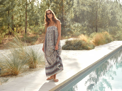 MABE Cass Print Maxi Dress Indigo Rust - product available at Hiptique boutique in Woodland Hills California