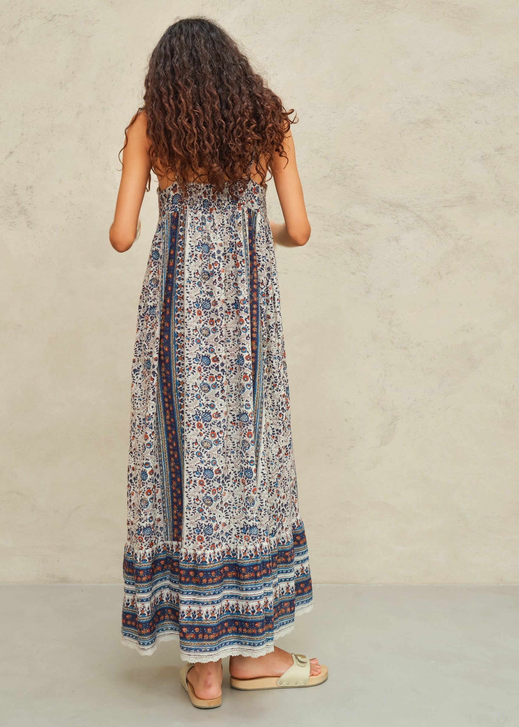 MABE Cass Print Maxi Dress Indigo Rust - lifestyle available at Hiptique boutique in Woodland Hills California