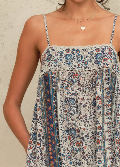 MABE Cass Print Maxi Dress Indigo Rust - product available at Hiptique boutique in Woodland Hills California