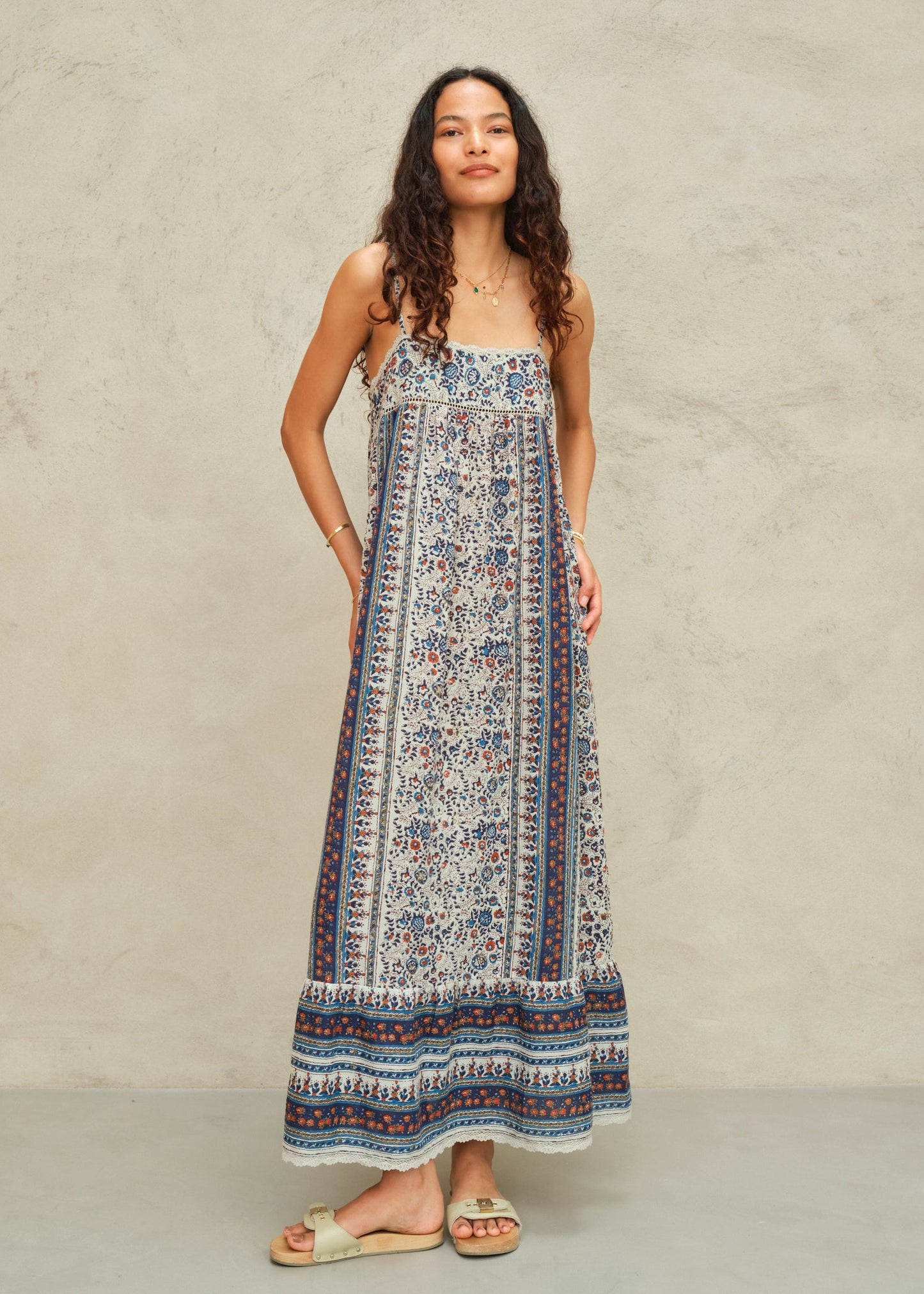MABE Cass Print Maxi Dress Indigo Rust - lifestyle available at Hiptique boutique in Woodland Hills California