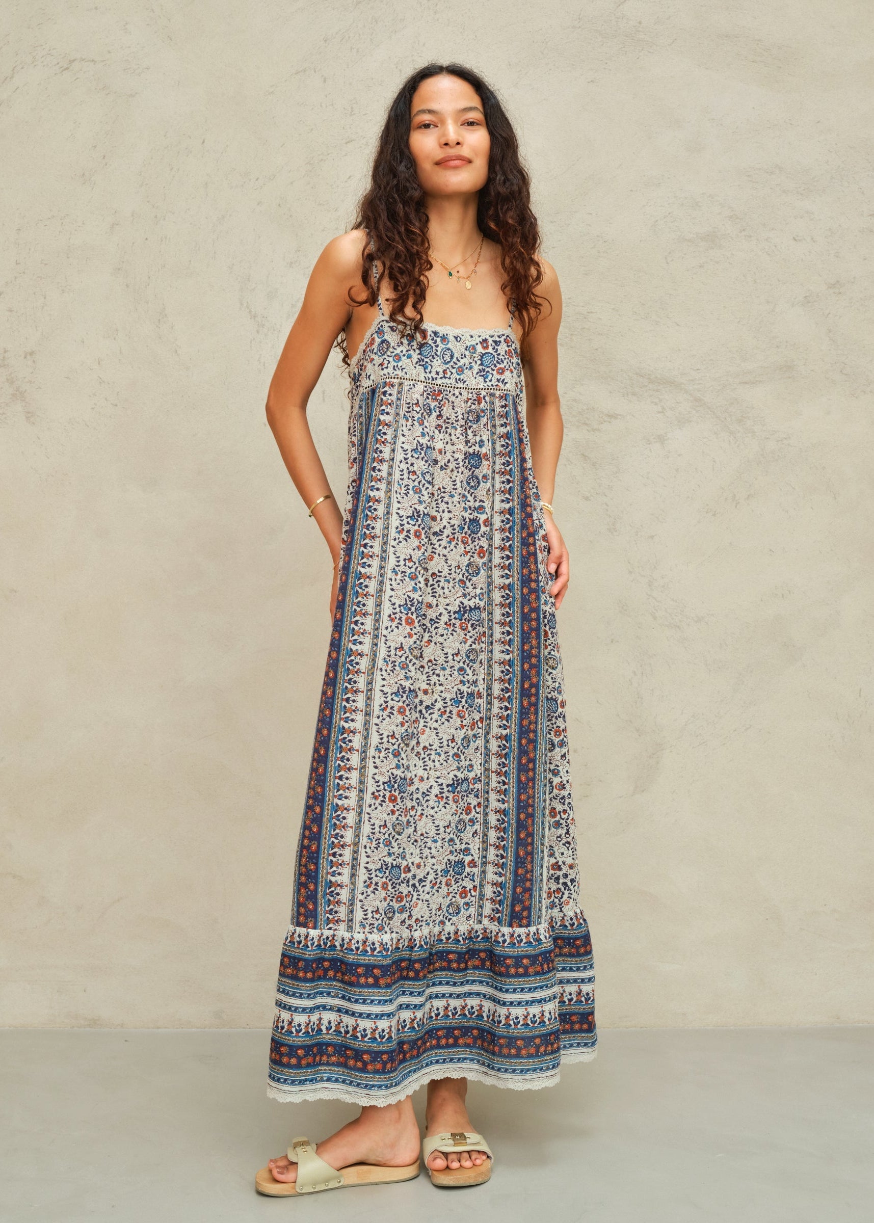 MABE Cass Print Maxi Dress Indigo Rust - lifestyle available at Hiptique boutique in Woodland Hills California