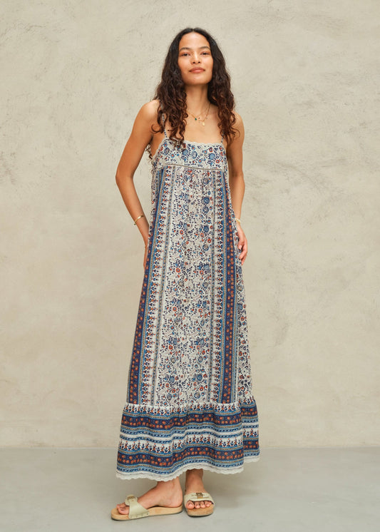MABE Cass Print Maxi Dress Indigo Rust - lifestyle available at Hiptique boutique in Woodland Hills California