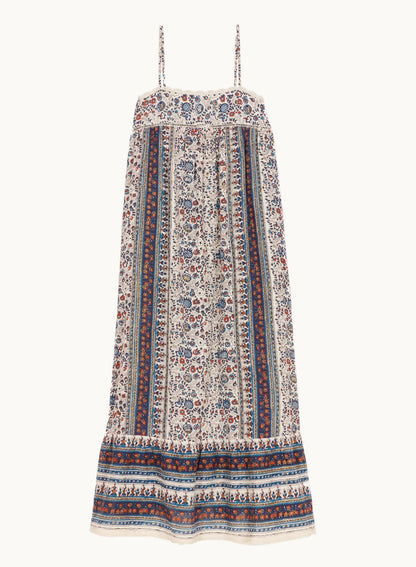 MABE Cass Print Maxi Dress Indigo Rust - product available at Hiptique boutique in Woodland Hills California