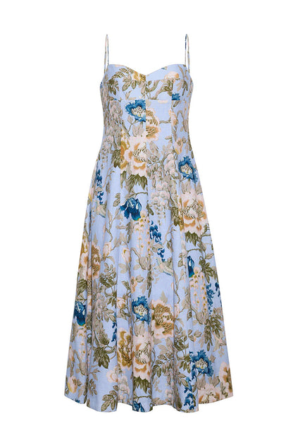 Cara Cara Cherry Dress - Flora Meadow Light Blue linen midi dress front