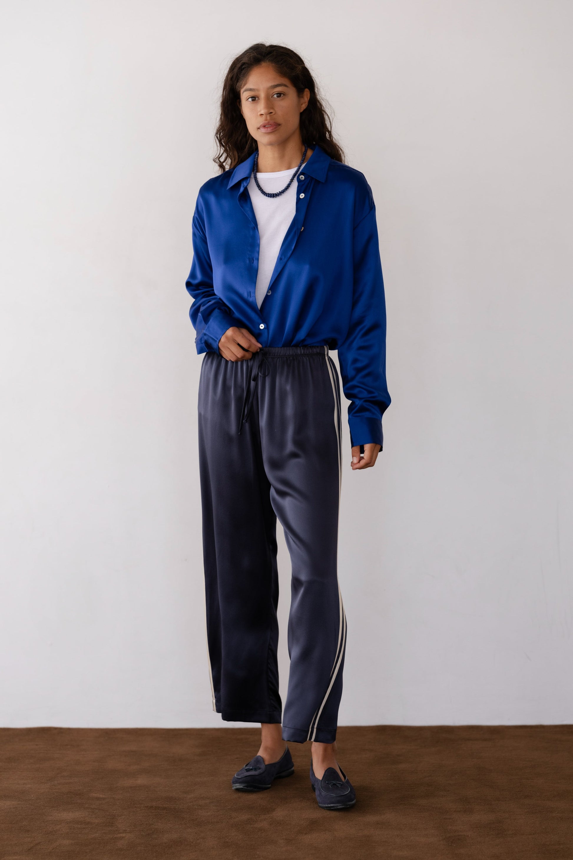 DONNI The Silk Stripe Crop Pant Navy - pant available at Hiptique boutique in Woodland Hills California