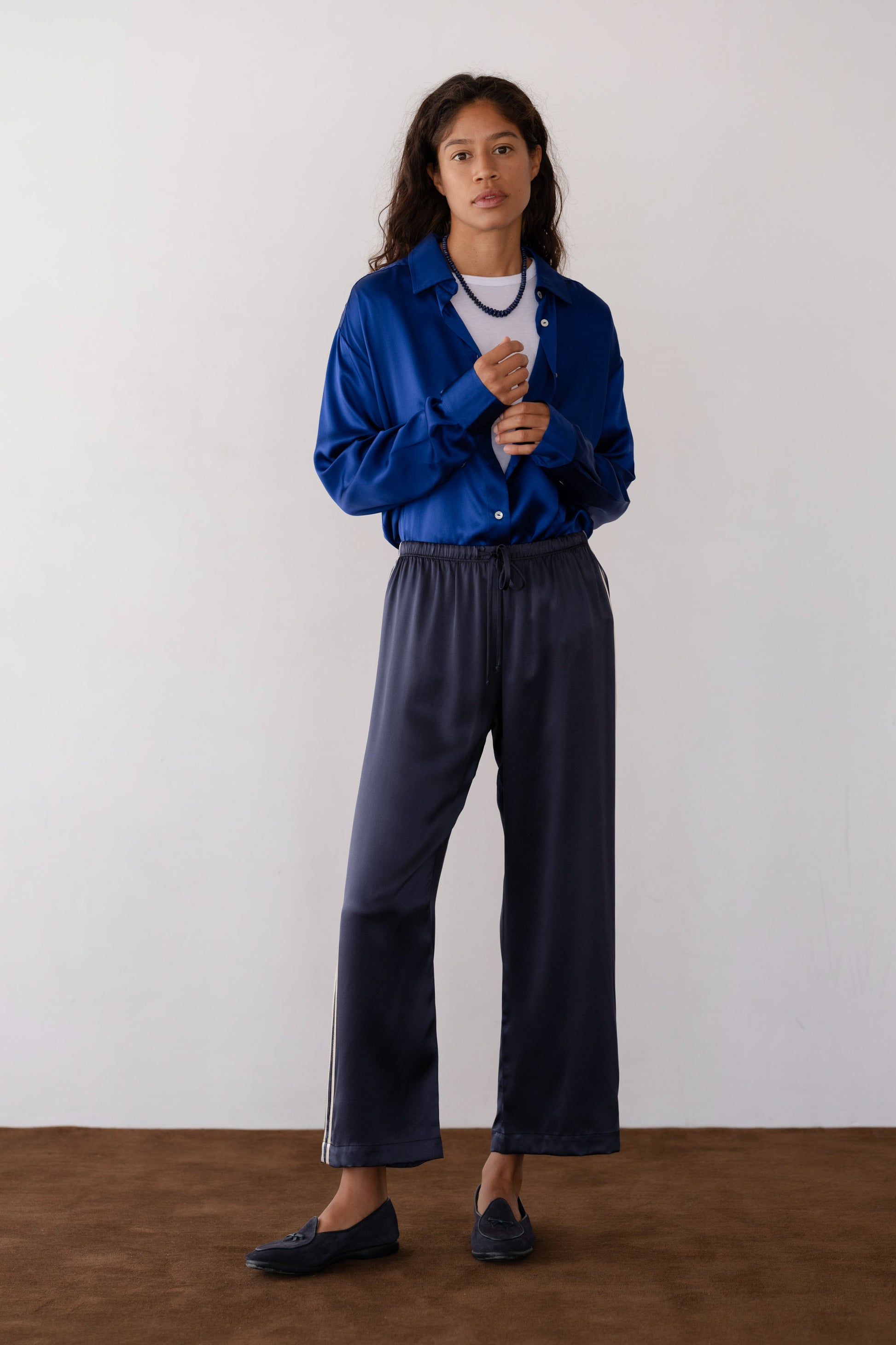 DONNI The Silk Stripe Crop Pant Navy - pant available at Hiptique boutique in Woodland Hills California