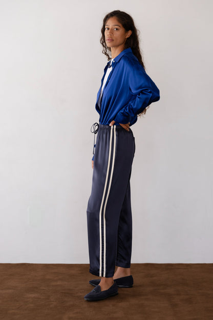 DONNI The Silk Stripe Crop Pant Navy - pant available at Hiptique boutique in Woodland Hills California