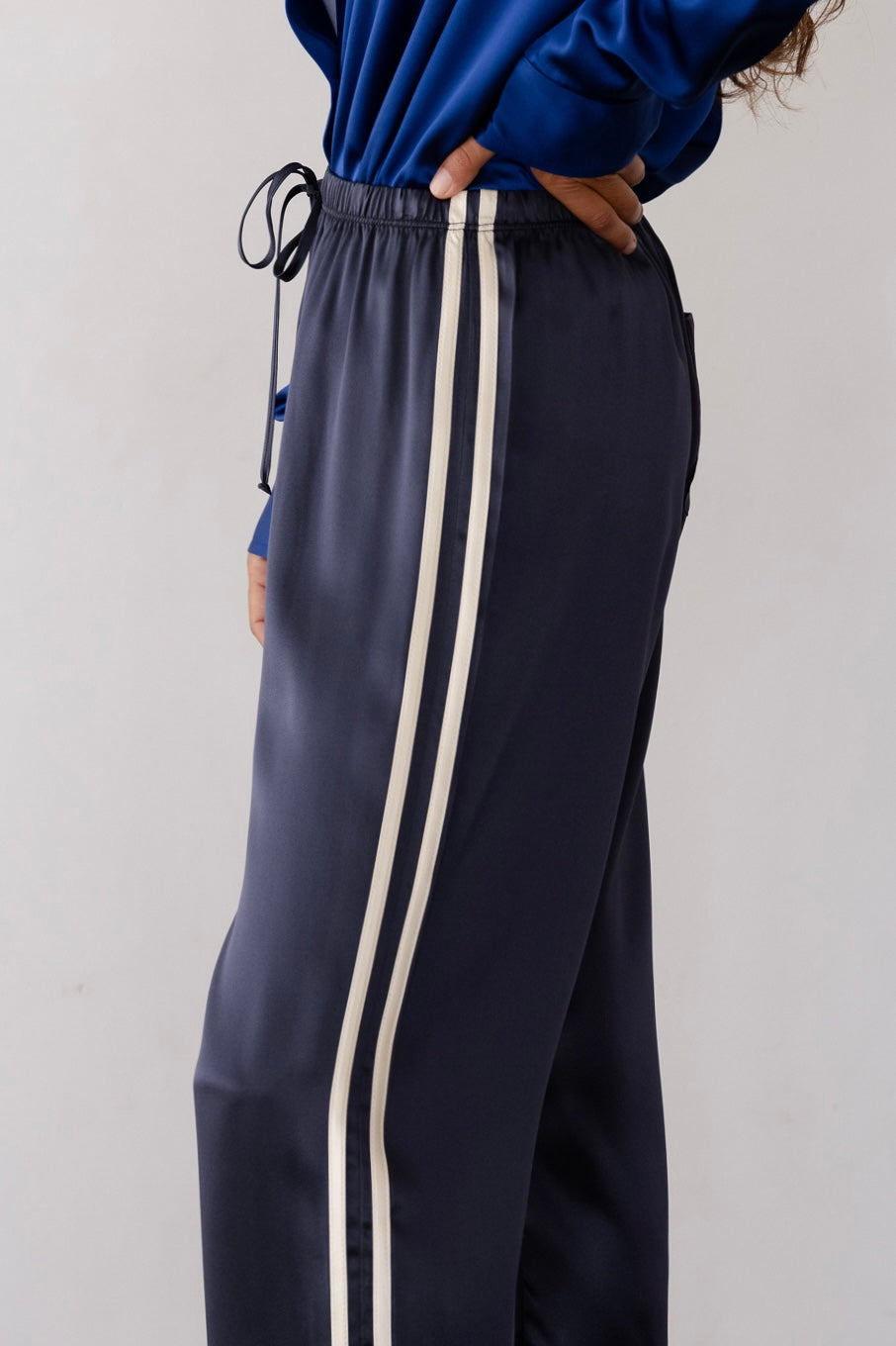 DONNI The Silk Stripe Crop Pant Navy - pant available at Hiptique boutique in Woodland Hills California