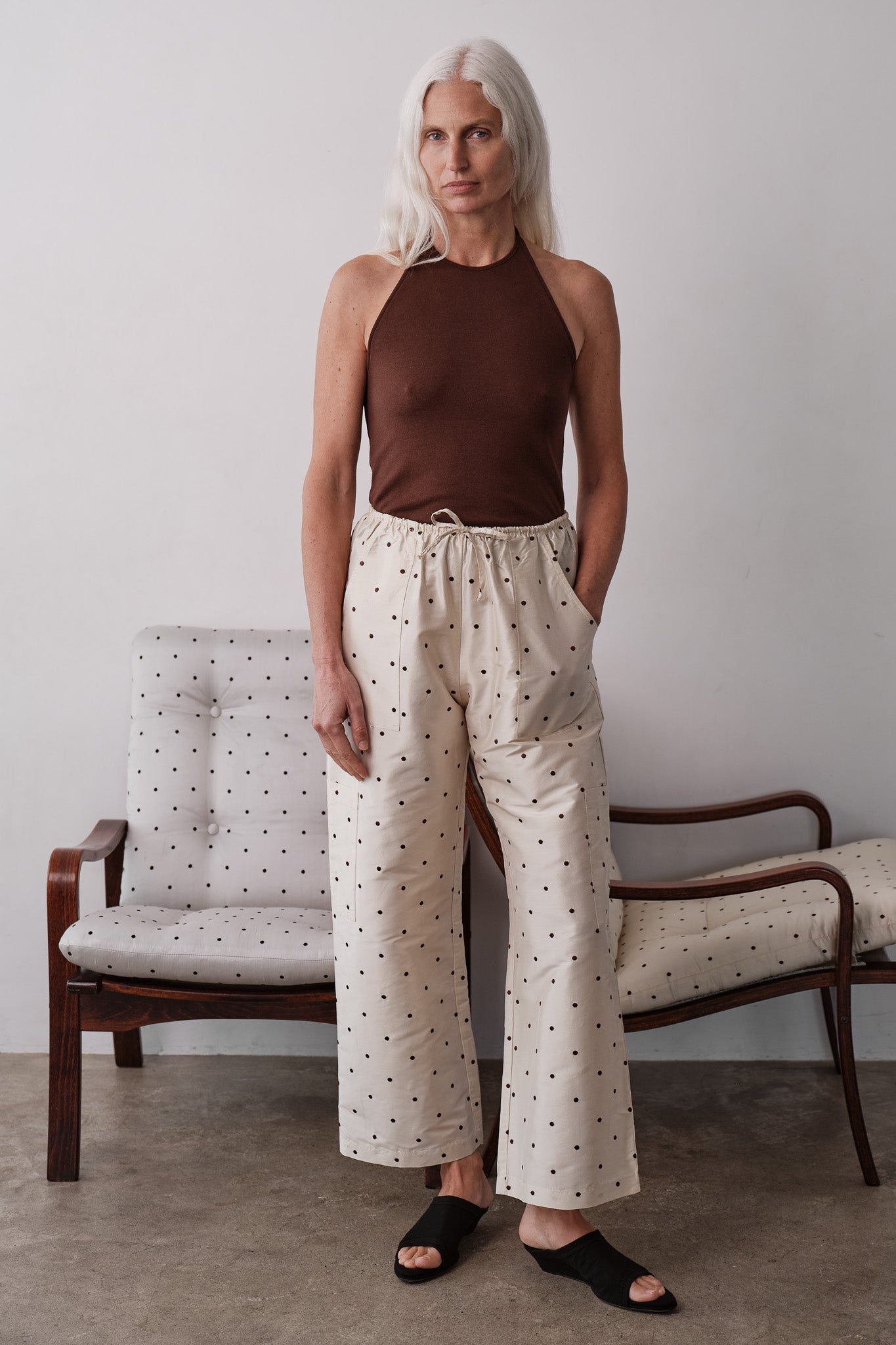 DONNI The Silk Taffeta Cargo Pant Creme with Walnut Polka Dots - pant available at Hiptique boutique in Woodland Hills California