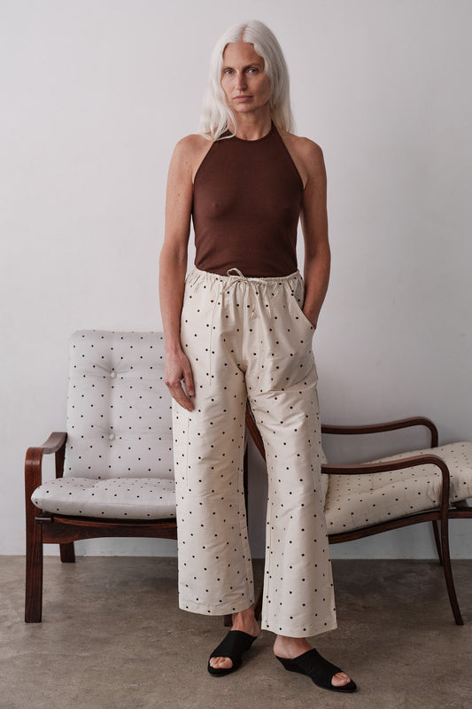 DONNI The Silk Taffeta Cargo Pant Creme with Walnut Polka Dots - pant available at Hiptique boutique in Woodland Hills California
