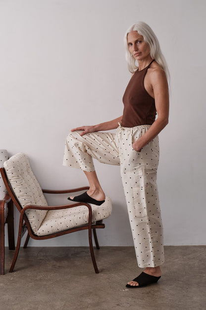 DONNI The Silk Taffeta Cargo Pant Creme with Walnut Polka Dots - pant available at Hiptique boutique in Woodland Hills California