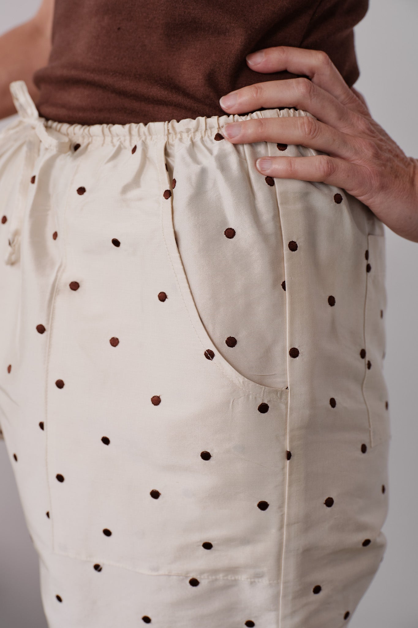 DONNI The Silk Taffeta Cargo Pant Creme with Walnut Polka Dots - pant available at Hiptique boutique in Woodland Hills California