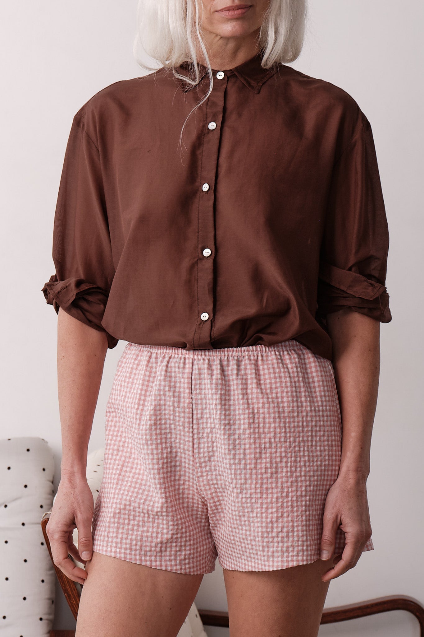 DONNI The Silk Cotton Sheer Shirt Walnut - shirt available at Hiptique boutique in Woodland Hills California