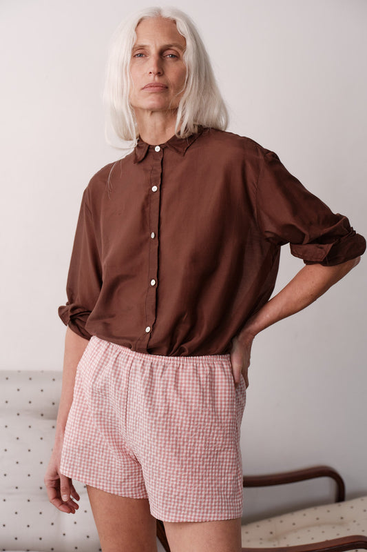 DONNI The Silk Cotton Sheer Shirt Walnut - shirt available at Hiptique boutique in Woodland Hills California
