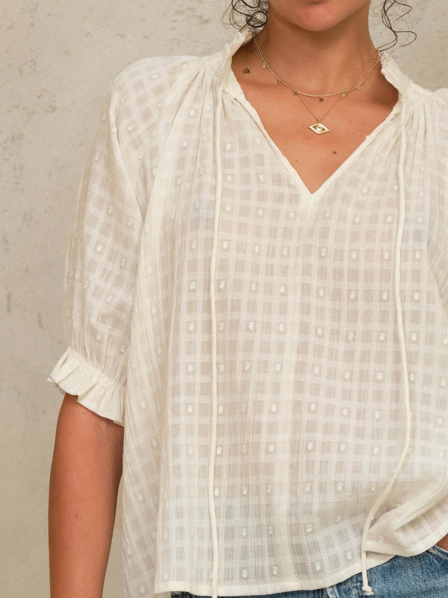 M.A.B.E Etta Short Sleeve Top Ecru - top available at Hiptique boutique in Woodland Hills California