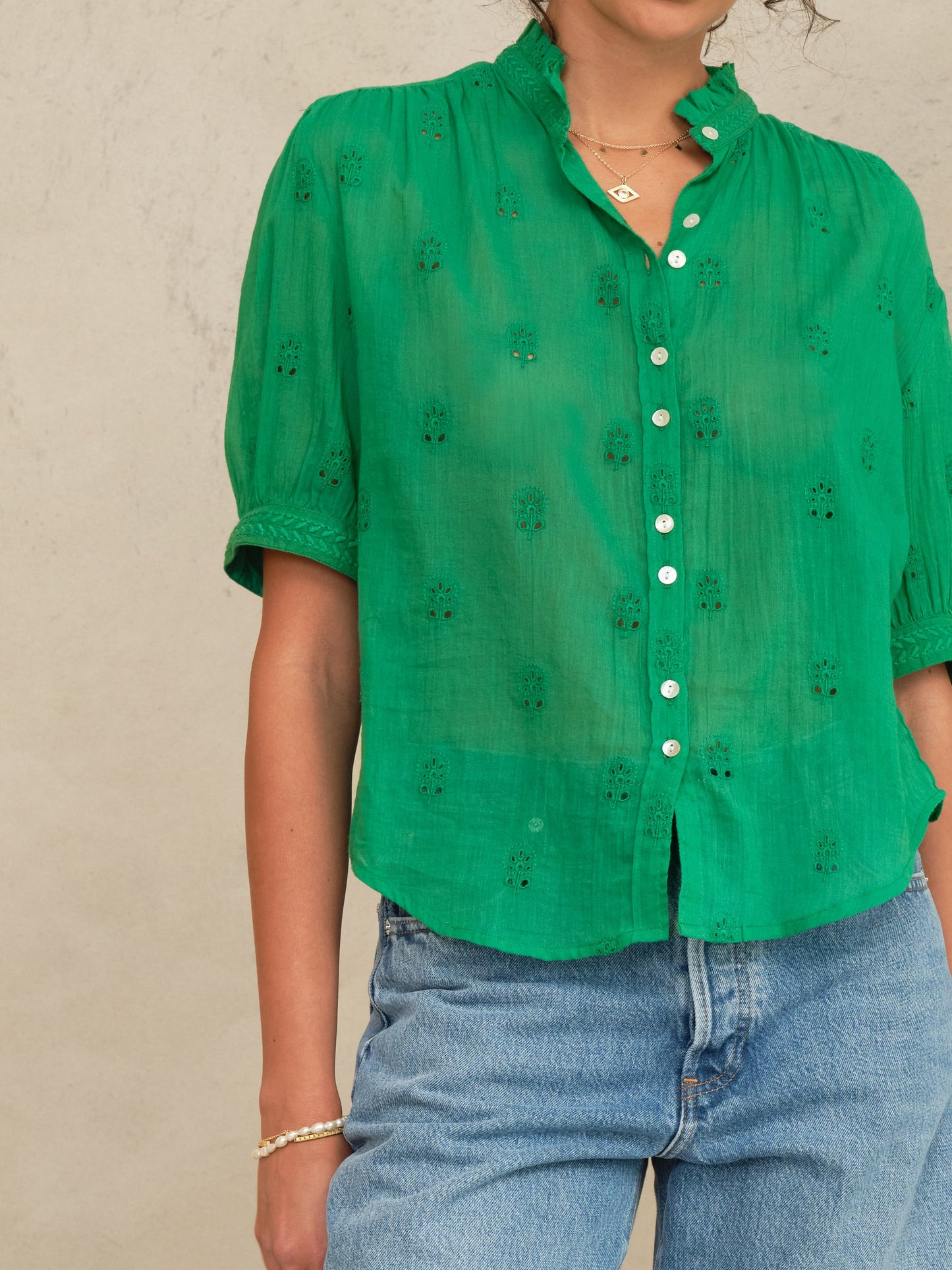 M.A.B.E Frani Embroidered Short Sleeve Top Green - top available at Hiptique boutique in Woodland Hills California