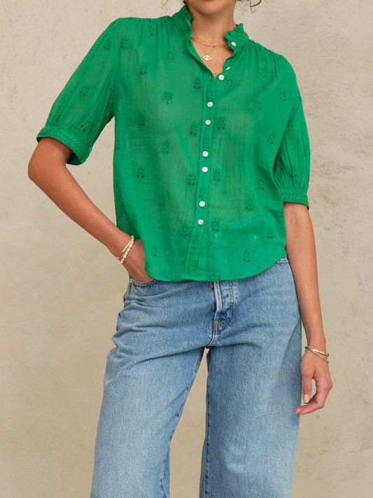 M.A.B.E Frani Embroidered Short Sleeve Top Green - top available at Hiptique boutique in Woodland Hills California