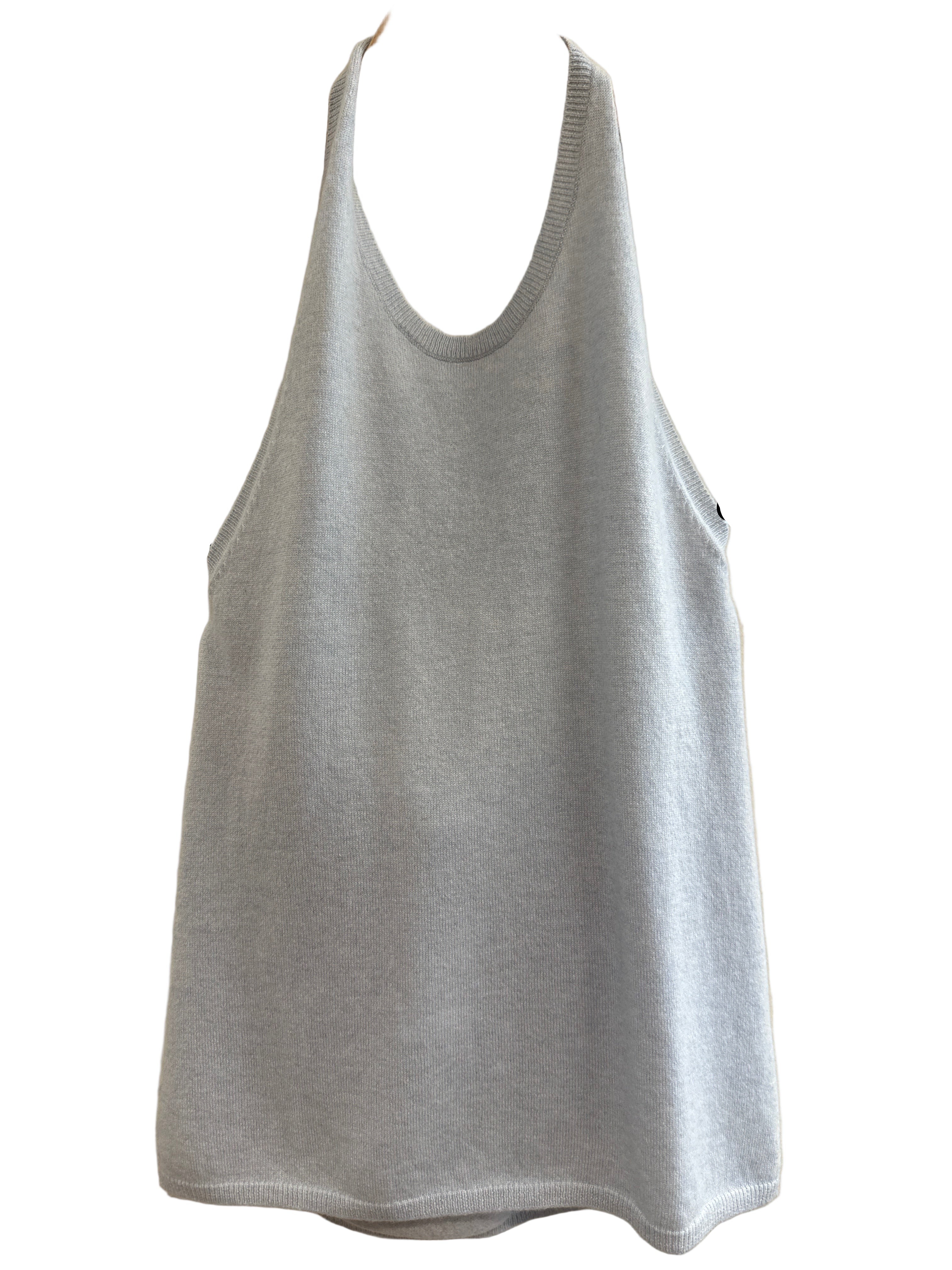 Blue Cashmere tank top on a hanger against a neutral background