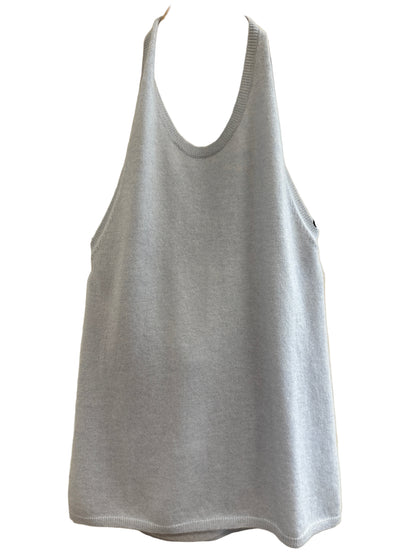Blue Cashmere tank top on a hanger against a neutral background