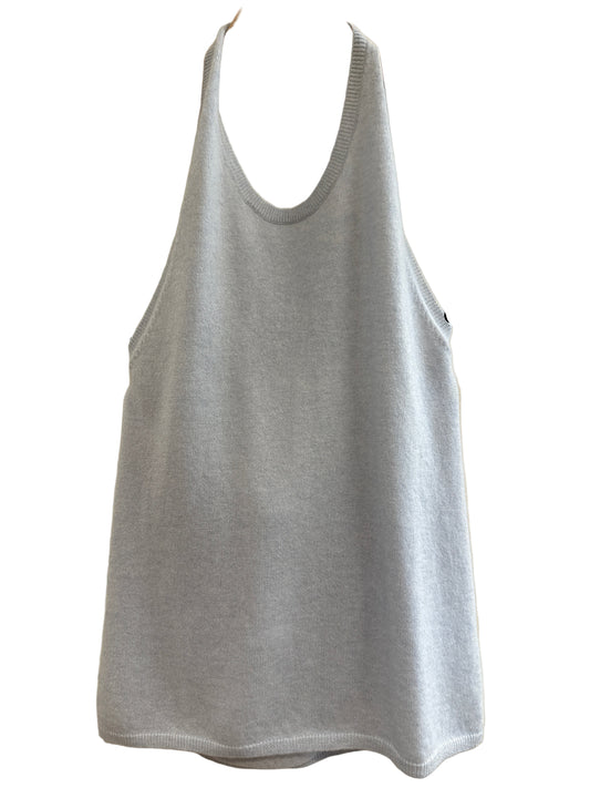 Blue Cashmere tank top on a hanger against a neutral background