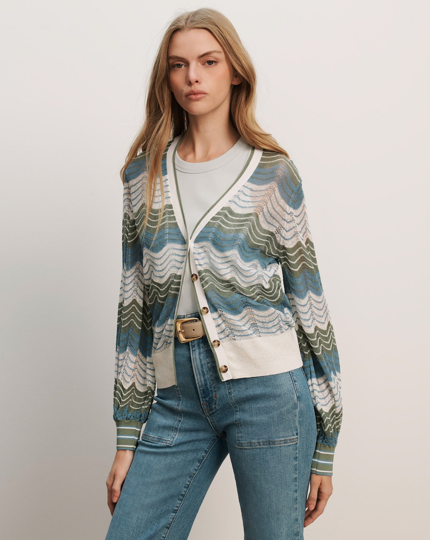 Veronica Beard Laurinor Linen-Blend Cardigan Dove White Sage Blue River - women's pointelle cardigan available at Hiptique boutique in Woodland Hills California