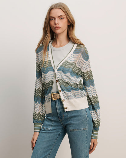 Veronica Beard Laurinor Linen-Blend Cardigan Dove White Sage Blue River - women's pointelle cardigan available at Hiptique boutique in Woodland Hills California