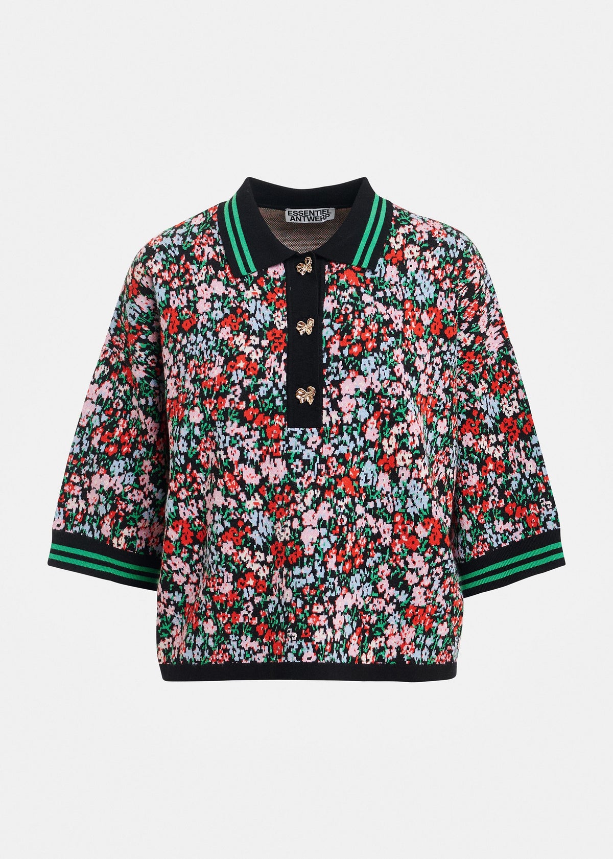 ESSENTIEL ANTWERP Kartos Knitted Jacquard Polo Black Combo - Tops available at Hiptique in Woodland Hills