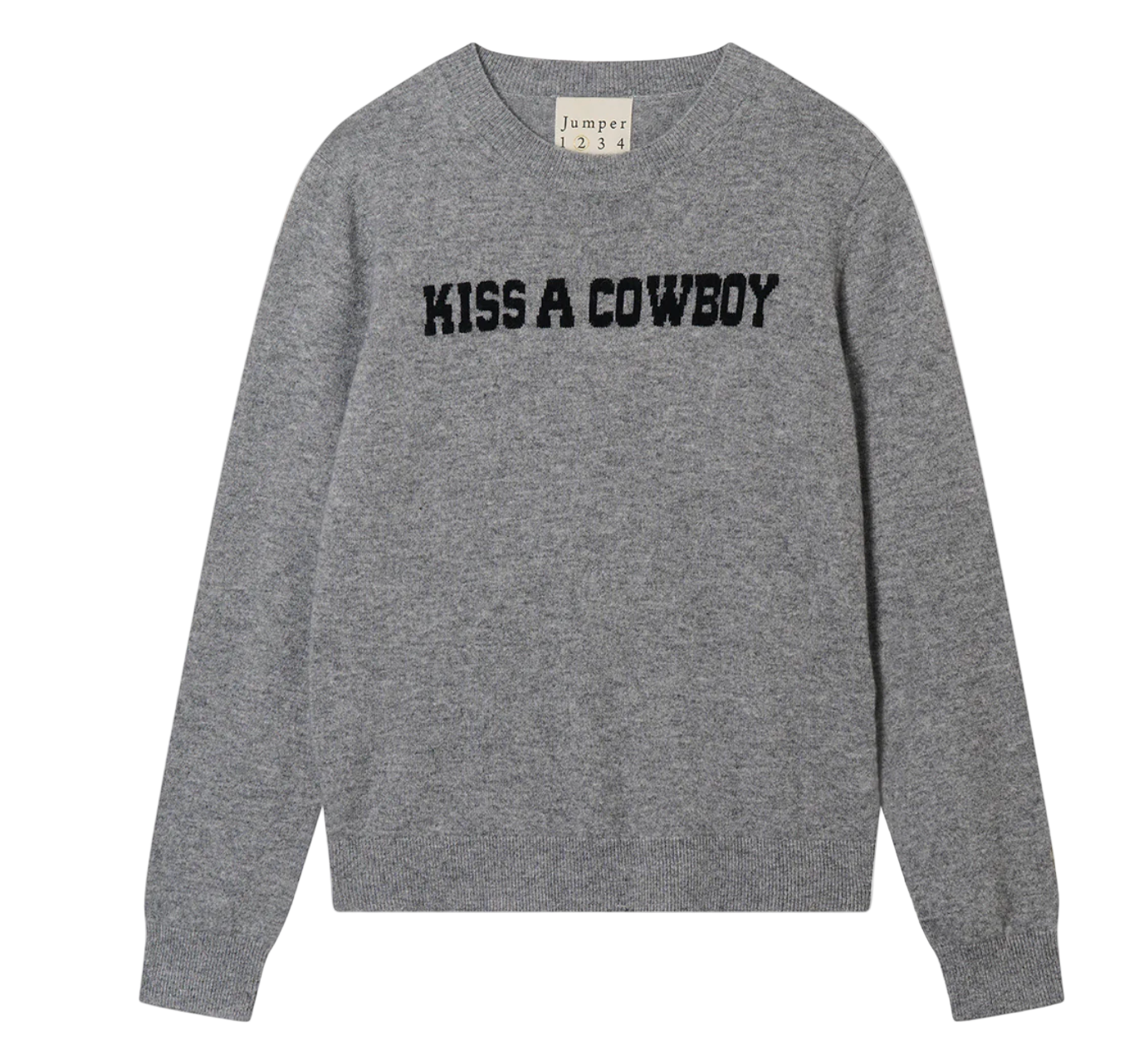 Gray sweater with 'Kiss a Cowboy' text on a white background