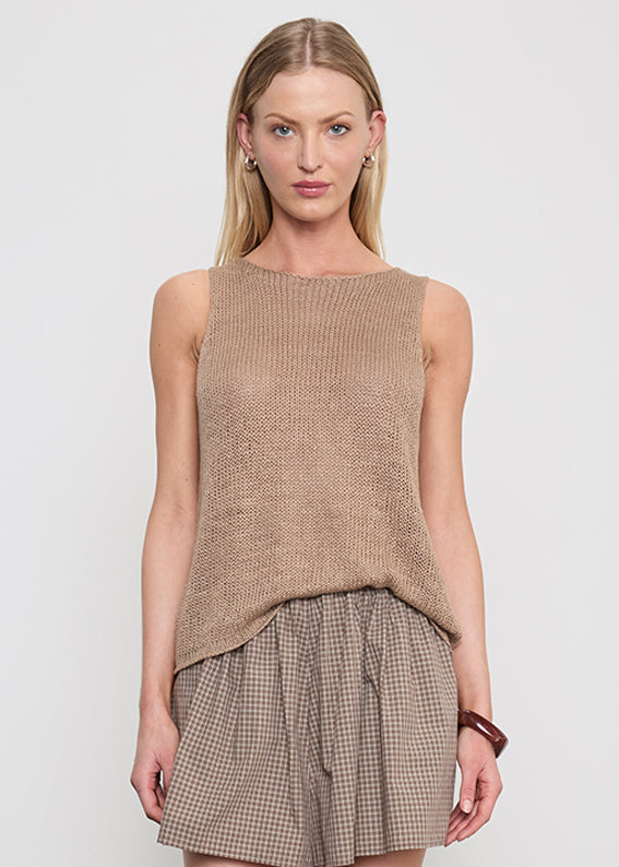 Enza Costa Linen Open Knit Tank Flax - women's bateau neck linen tank available at Hiptique boutique in Woodland Hills California