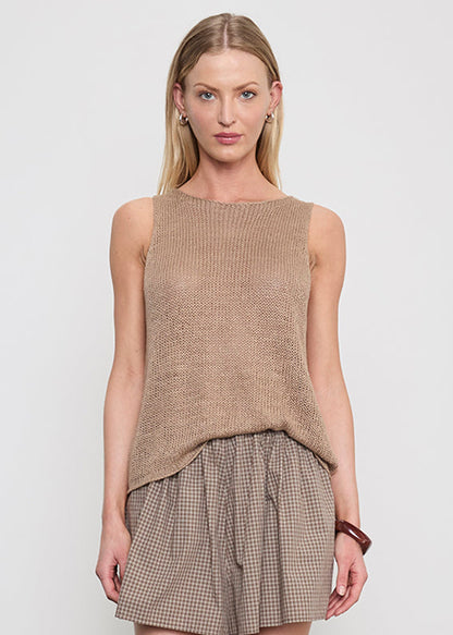Enza Costa Linen Open Knit Tank Flax - women's bateau neck linen tank available at Hiptique boutique in Woodland Hills California