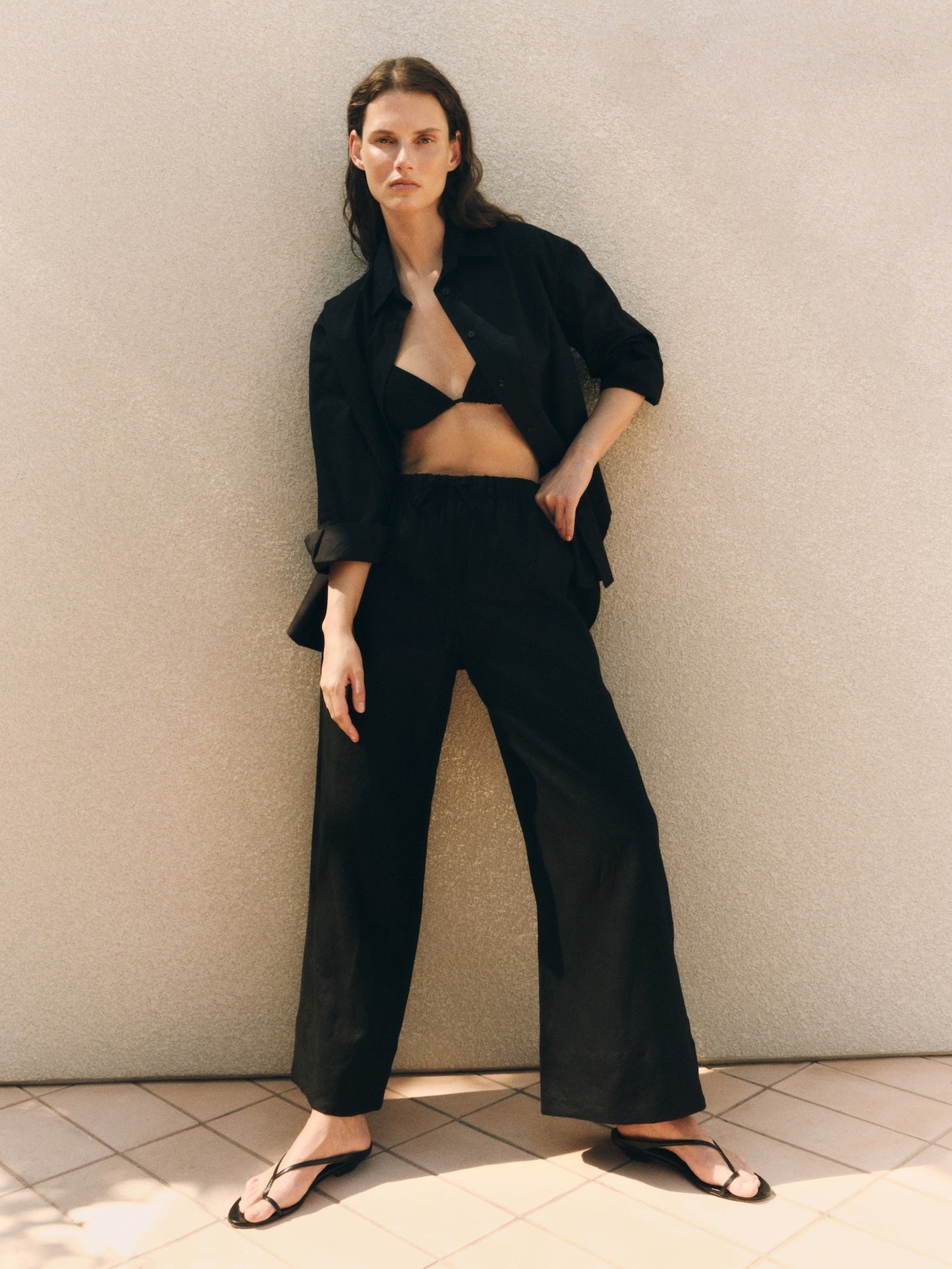 Enza Costa Linen Cropped Summer Pant Black - lifestyle - Hiptique Woodland Hills