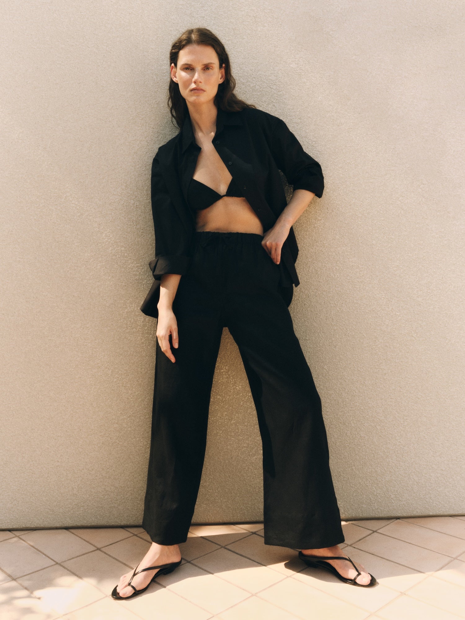 Enza Costa Linen Cropped Summer Pant Black - lifestyle - Hiptique Woodland Hills