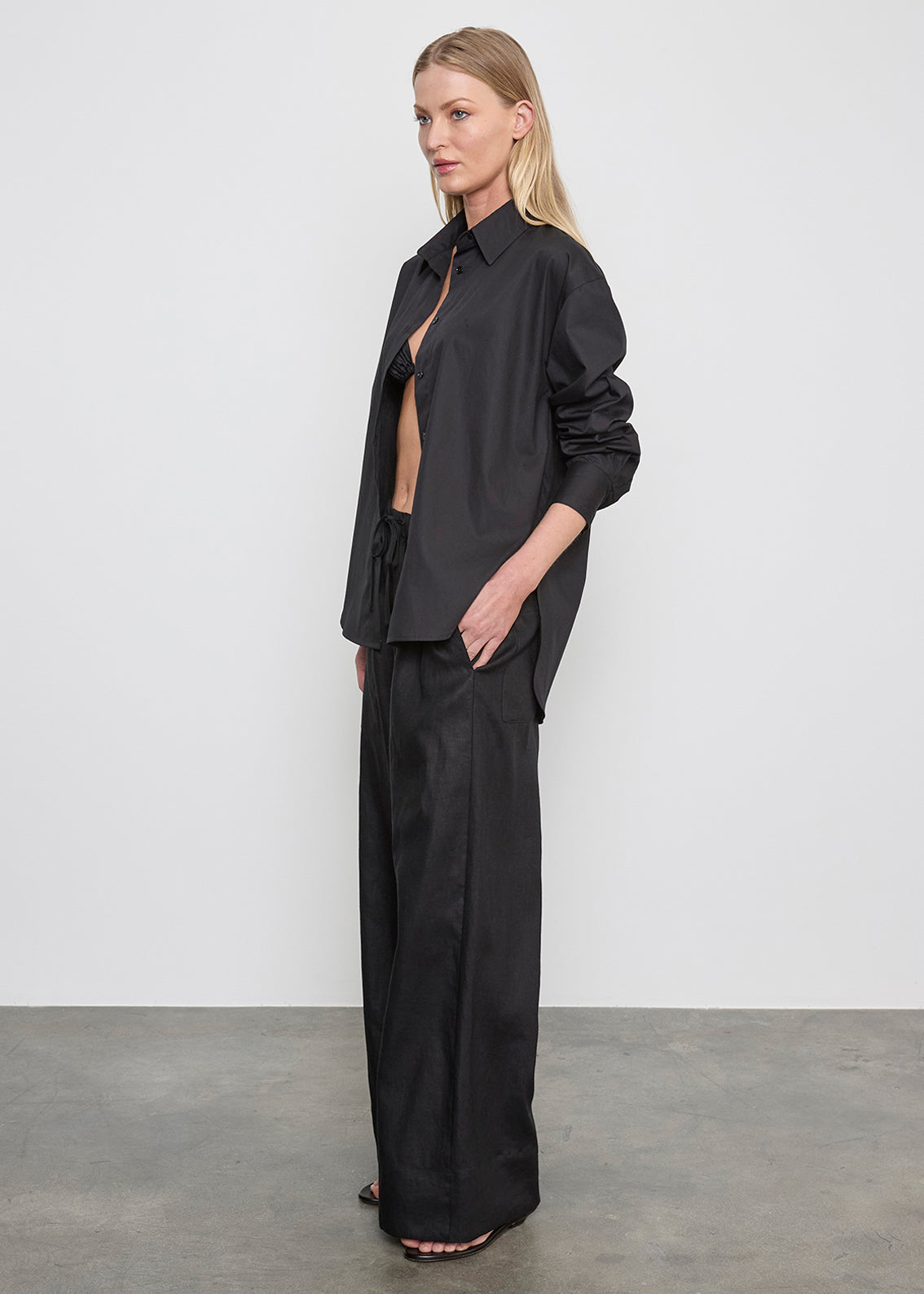 Enza Costa Linen Cropped Summer Pant Black - front view - Hiptique Woodland Hills